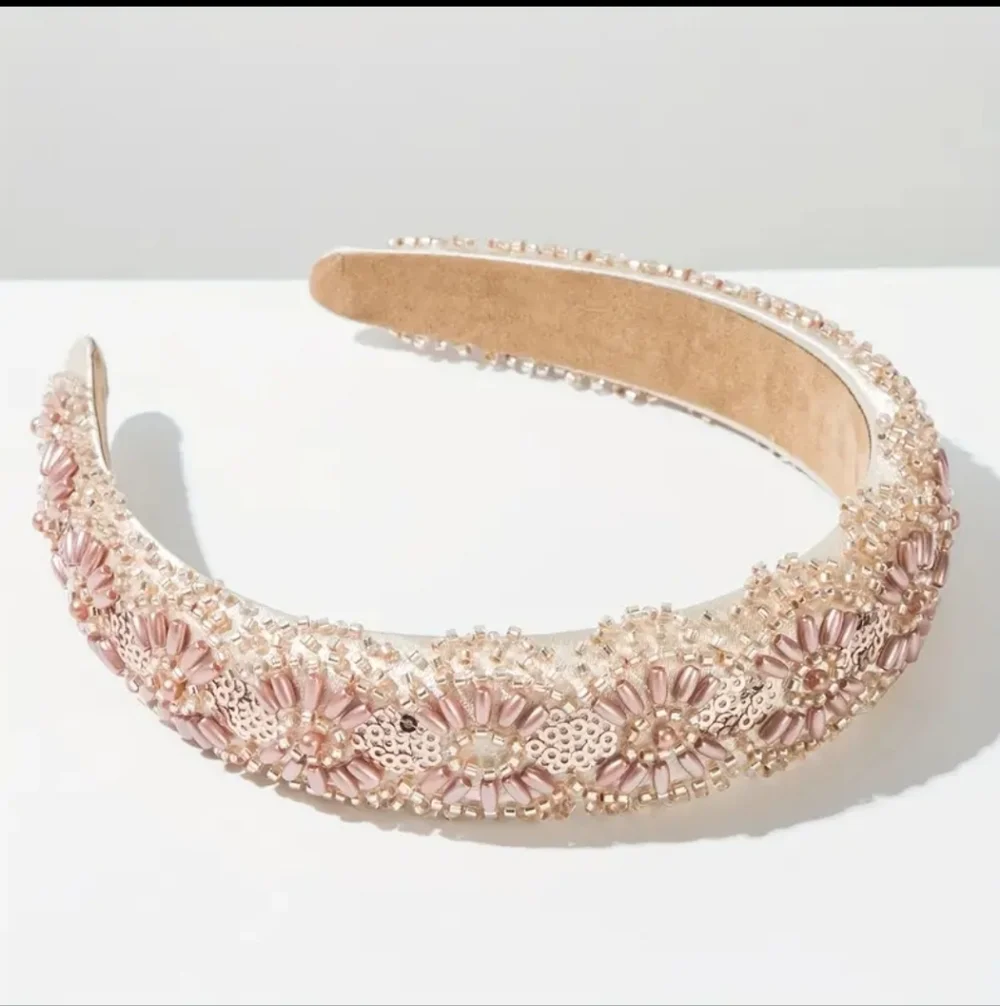 Beaded Headband Hand-stitched Rice Beads and Sequins Pink Beige NEW
